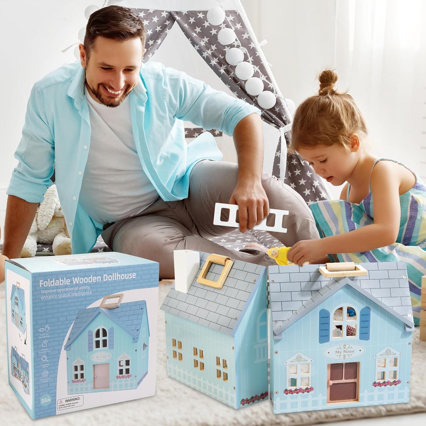Foldable Wooden Dollhouse with 2 Dolls & Pet Set, 20PCS Furniture Wooden Doll House for Girls Age 3-6, Portable Pretend Play Toy, Christmas Birthday Gift for Toddlers