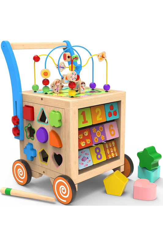 9-in-1 Wooden Activity Cube | Wooden Baby Walker, Sit-to-Stand Learning Walker Activity Center