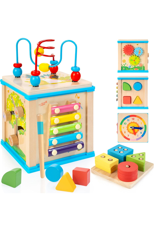 Wooden 7-in-1 Activity Cube, Montessori Toys for 1 Year Old Toddlers