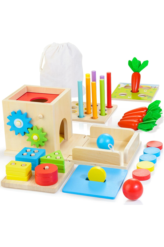 Wooden Montessori Baby Toys, 8-in-1 Wooden Play Kit Includes Object Permanent Box, Coin Box, Carrot Harvest, Shape Sorting & Stacking