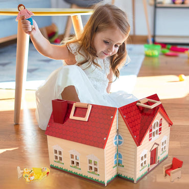 Foldable Wooden Dollhouse, Pretend Play Doll House Set
