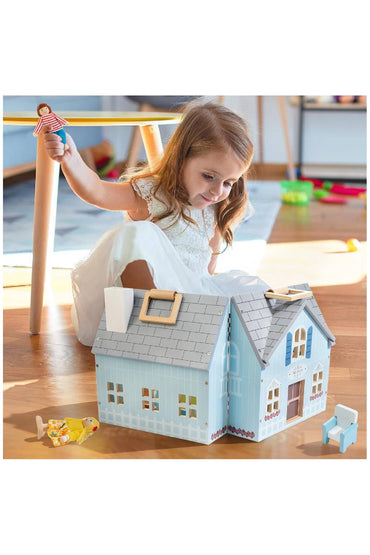 Foldable Wooden Dollhouse with 2 Dolls & Pet Set, 20PCS Furniture Wooden Doll House for Girls Age 3-6, Portable Pretend Play Toy, Christmas Birthday Gift for Toddlers