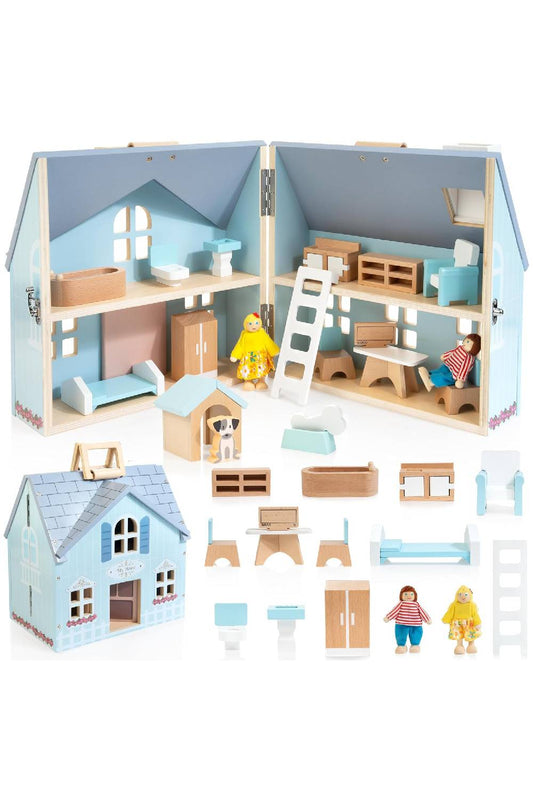 Foldable Wooden Dollhouse with 2 Dolls & Pet Set, 20PCS Furniture Wooden Doll House for Girls Age 3-6, Portable Pretend Play Toy, Christmas Birthday Gift for Toddlers