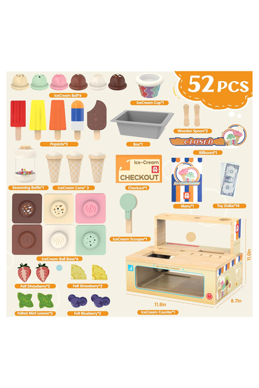 Foldable Wooden Ice Cream Toy Set Pretend Play Food Store for Toddlers