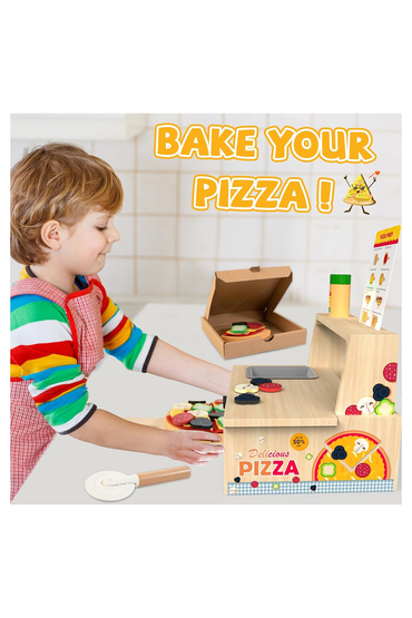 Wooden Pizza Toy - 48 PCS Montessori Pretend Play Food for Ages 3+