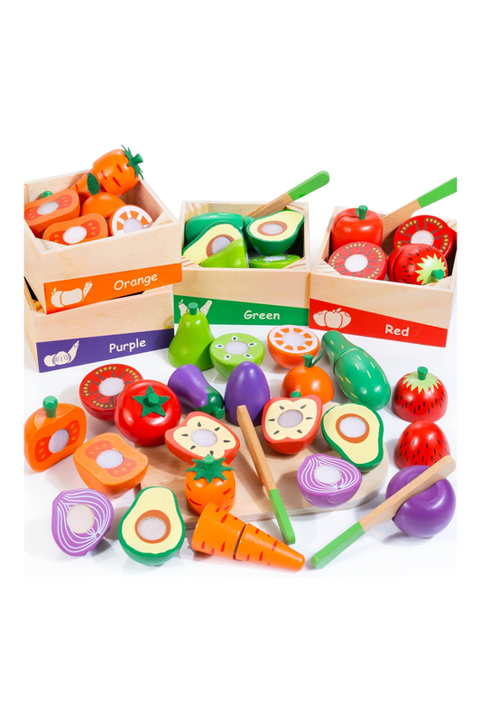 Wooden Play Food for Toddlers, Color Food Groups, Fruit & Veggies Cutting Set, Pretend Play Food Kitchen Accessories