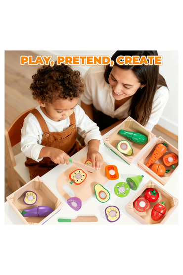 Wooden Play Food for Toddlers, Color Food Groups, Fruit & Veggies Cutting Set, Pretend Play Food Kitchen Accessories
