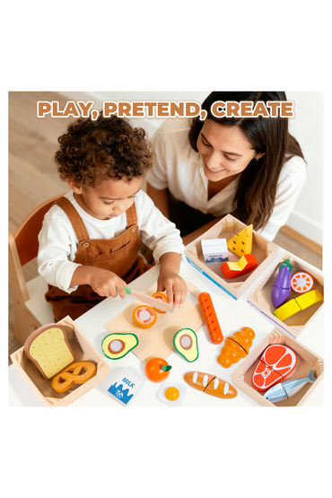 Wooden Play Food Set for Toddlers - Montessori Pretend Play Kitchen Toys with Color Sorting Food Groups & Cutting Fruits Vegetables for Boys & Girls Ages 3 4 5 6