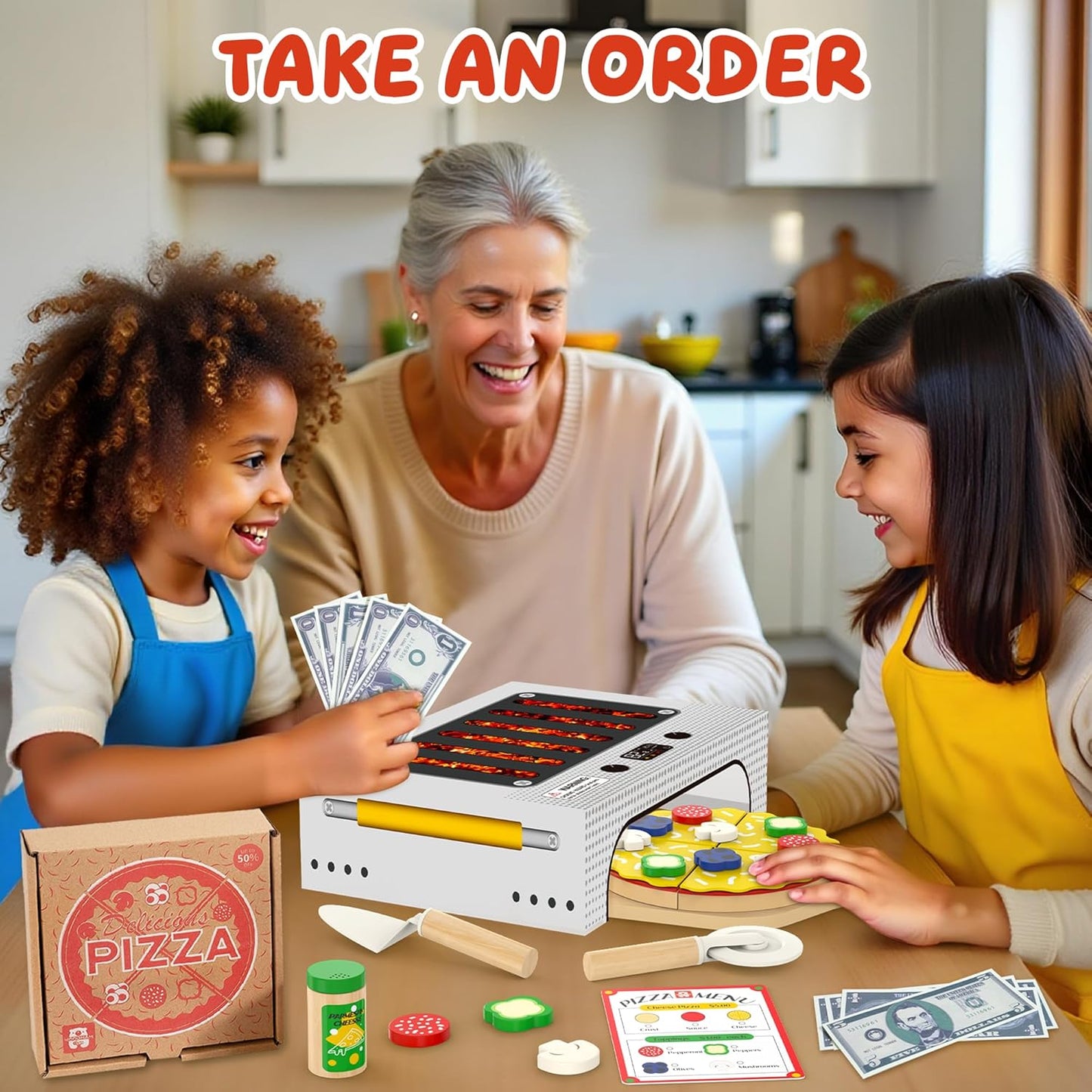 Pizza Toy Set, Montessori Realistic Play Food with Oven Box for Preschoolers Toddlers Age 3 4 5 6