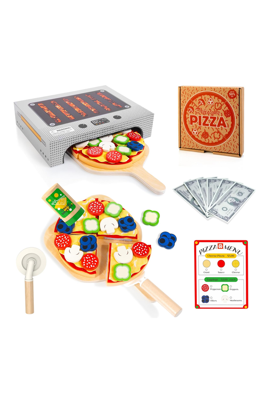 Pizza Toy Set, Montessori Realistic Play Food with Oven Box for Preschoolers Toddlers Age 3 4 5 6