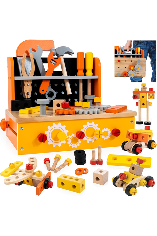 Wooden Tool Bench for Kids, 54-Piece Kids Tool Set with 2-in-1 Workbench & Take-Along Tool Kit