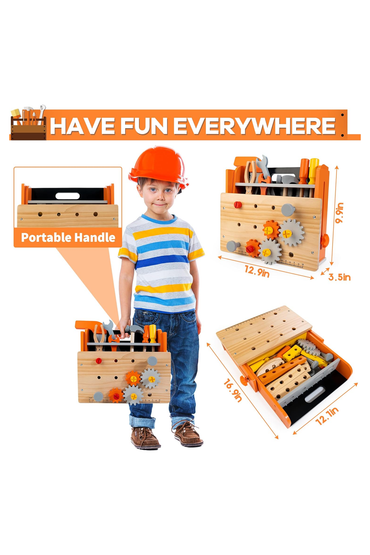 Wooden Tool Bench for Kids, 54-Piece Kids Tool Set with 2-in-1 Workbench & Take-Along Tool Kit