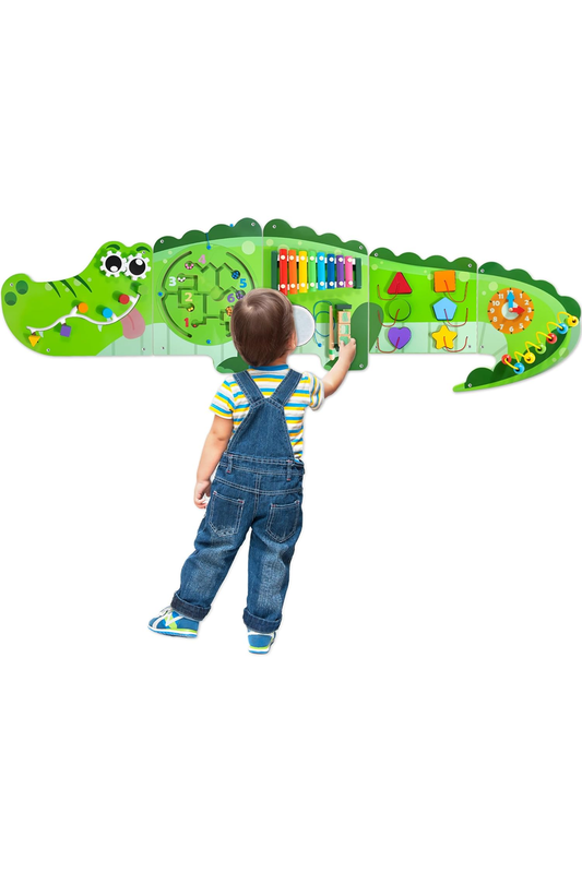 Crocodile Activity Wall Busy Board Panels | 9-in-1 Wooden Sensory Wall Panel for Kids