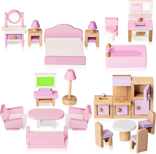 Wooden Dollhouse Furniture Set, 22 PCS Doll House Accessories
