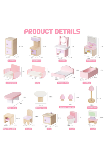 Wooden Dollhouse Furniture Set, 22 PCS Doll House Accessories