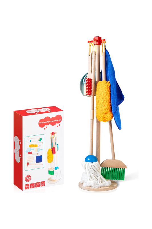 Wooden Kids Cleaning Set for Toddlers,8 Pieces Montessori Cleaning Toys with Kids Broom and Mop Set