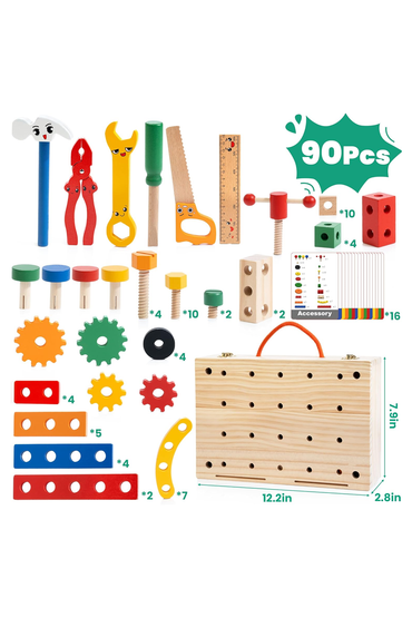 WOOOMAM 90 PCS Kids Tool Set, Wooden Toddler Tool Kit for Kids Age 3-5 Years