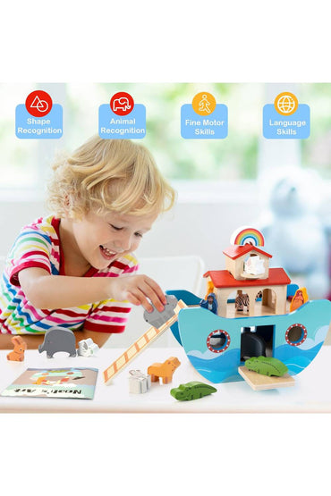 Wooden Noah's Ark Toy Baptism Gift for 1 Year Old Baby Boys and Girls