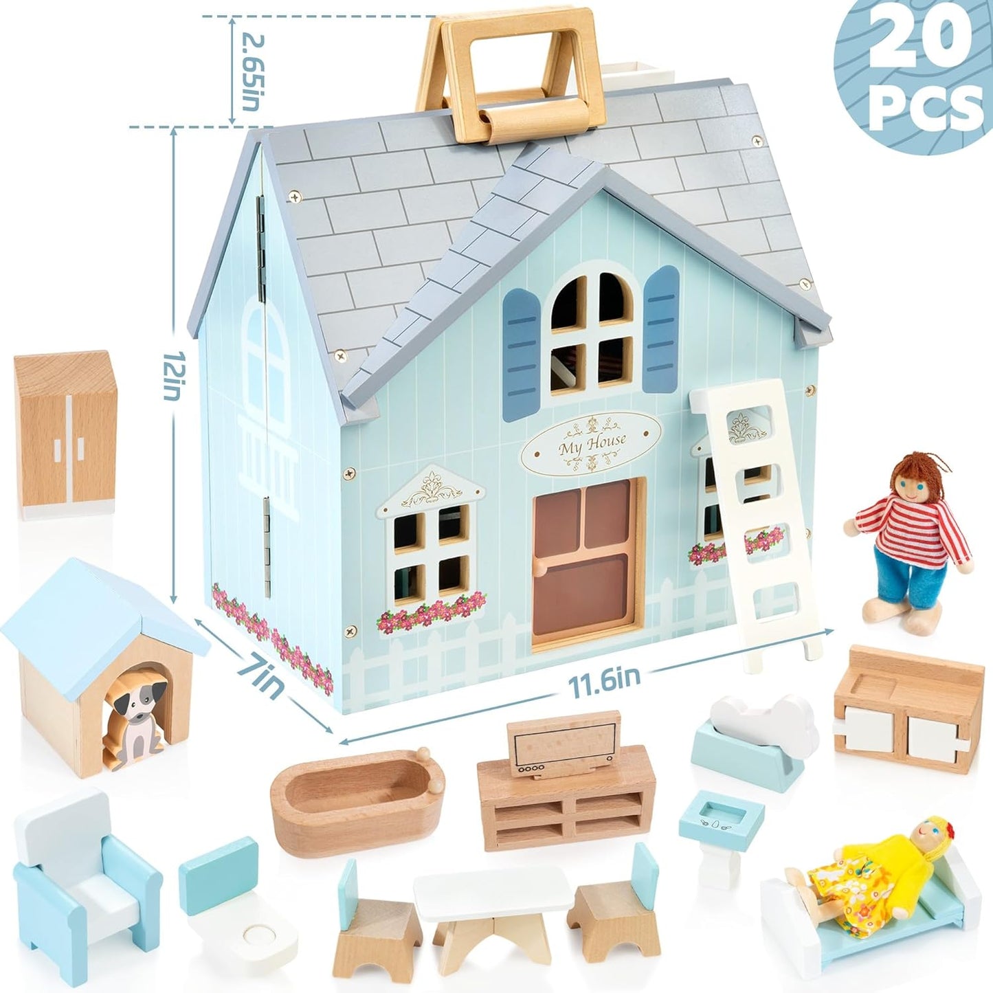 Foldable Wooden Dollhouse with 2 Dolls & Pet Set, 20PCS Furniture Wooden Doll House for Girls Age 3-6, Portable Pretend Play Toy, Christmas Birthday Gift for Toddlers