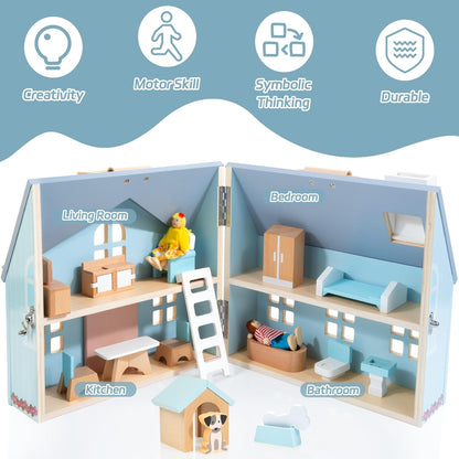 Foldable Wooden Dollhouse with 2 Dolls & Pet Set, 20PCS Furniture Wooden Doll House for Girls Age 3-6, Portable Pretend Play Toy, Christmas Birthday Gift for Toddlers