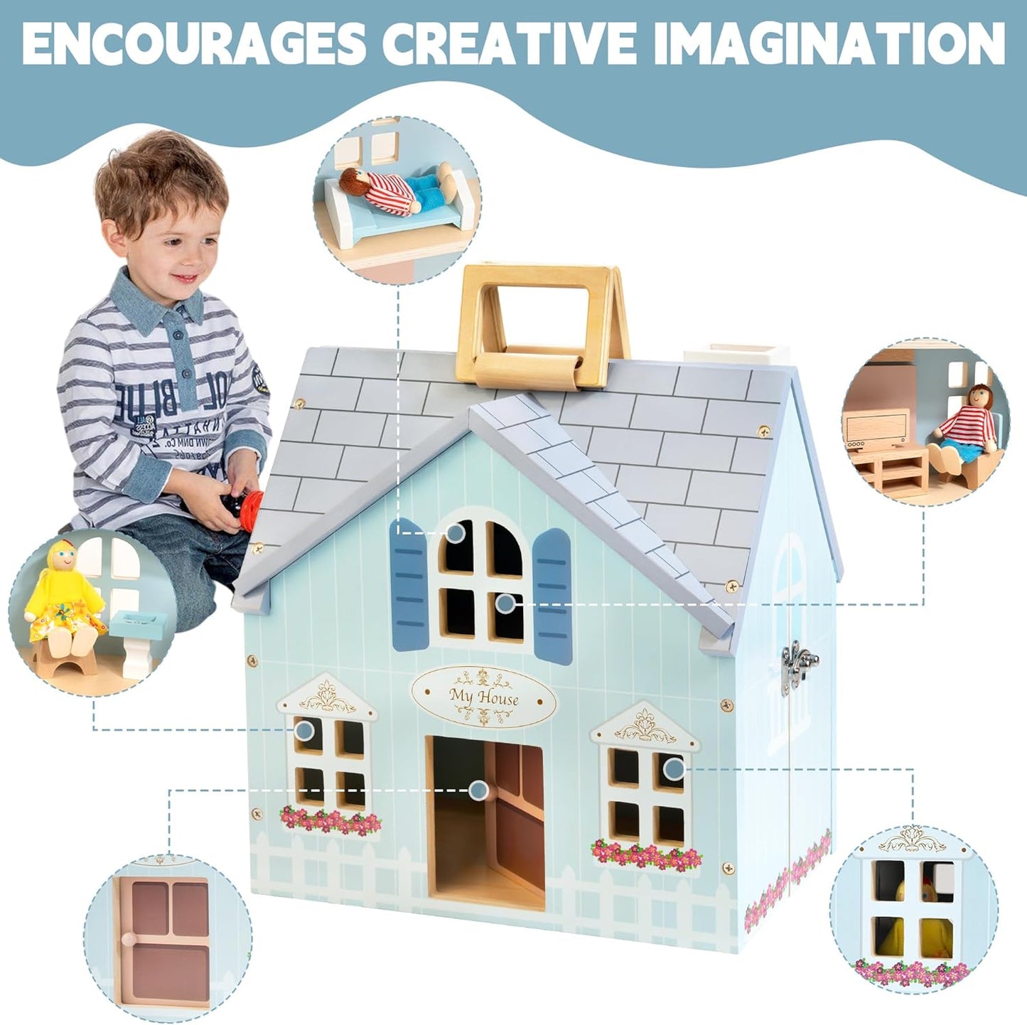 Foldable Wooden Dollhouse with 2 Dolls & Pet Set, 20PCS Furniture Wooden Doll House for Girls Age 3-6, Portable Pretend Play Toy, Christmas Birthday Gift for Toddlers