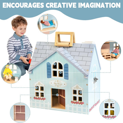 Foldable Wooden Dollhouse with 2 Dolls & Pet Set, 20PCS Furniture Wooden Doll House for Girls Age 3-6, Portable Pretend Play Toy, Christmas Birthday Gift for Toddlers
