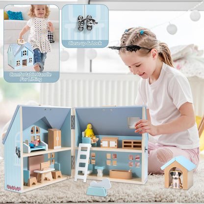 Foldable Wooden Dollhouse with 2 Dolls & Pet Set, 20PCS Furniture Wooden Doll House for Girls Age 3-6, Portable Pretend Play Toy, Christmas Birthday Gift for Toddlers