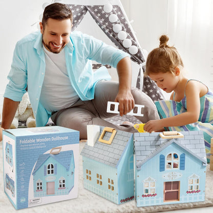 Foldable Wooden Dollhouse with 2 Dolls & Pet Set, 20PCS Furniture Wooden Doll House for Girls Age 3-6, Portable Pretend Play Toy, Christmas Birthday Gift for Toddlers