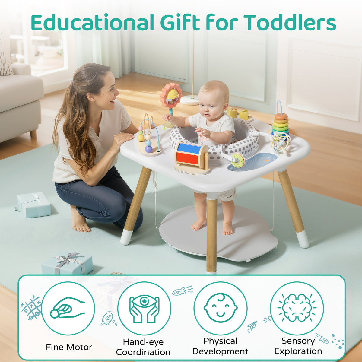 Baby Activity Center, Montessori Play Table with 7 Interactive Toys