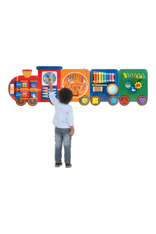 Train Activity Wall Busy Board Panels | 11-in-1 Wooden Sensory Wall Panel for Kids, Toddler Montessori Learning Activity Center
