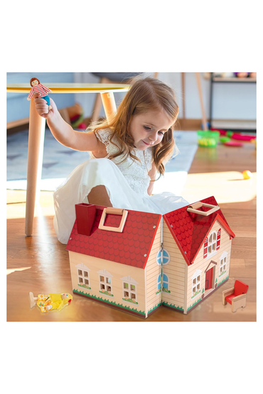 Foldable Wooden Dollhouse, Pretend Play Doll House Set