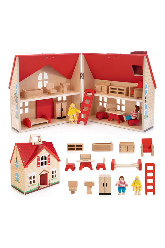 Foldable Wooden Dollhouse, Pretend Play Doll House Set