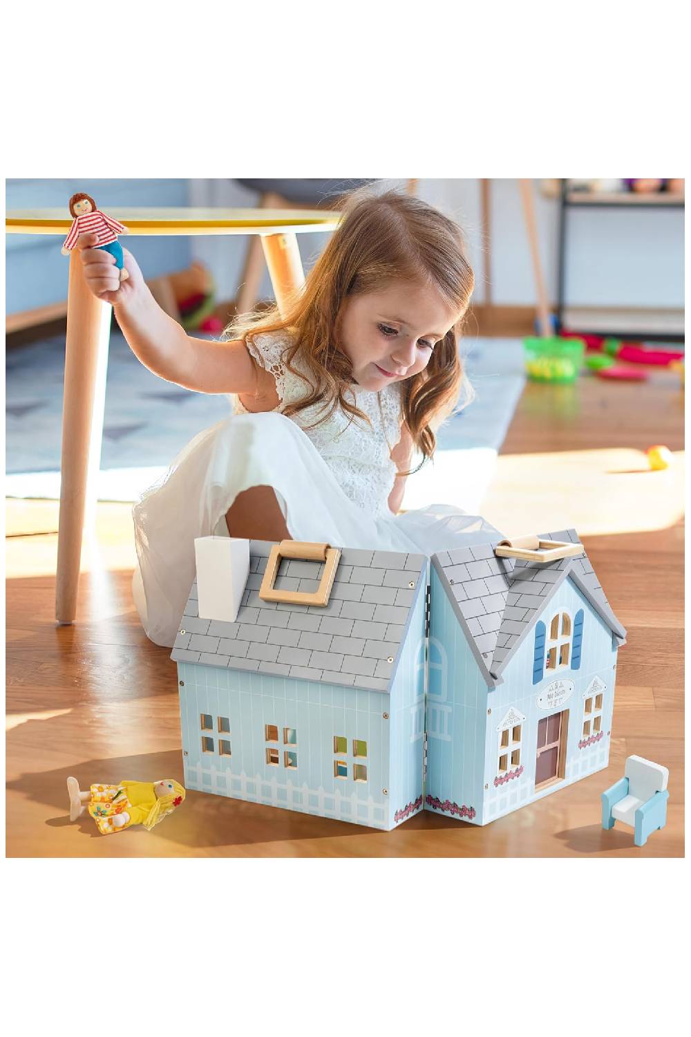 Foldable Wooden Dollhouse with 2 Dolls & Pet Set, 20PCS Furniture Wooden Doll House for Girls Age 3-6, Portable Pretend Play Toy, Christmas Birthday Gift for Toddlers