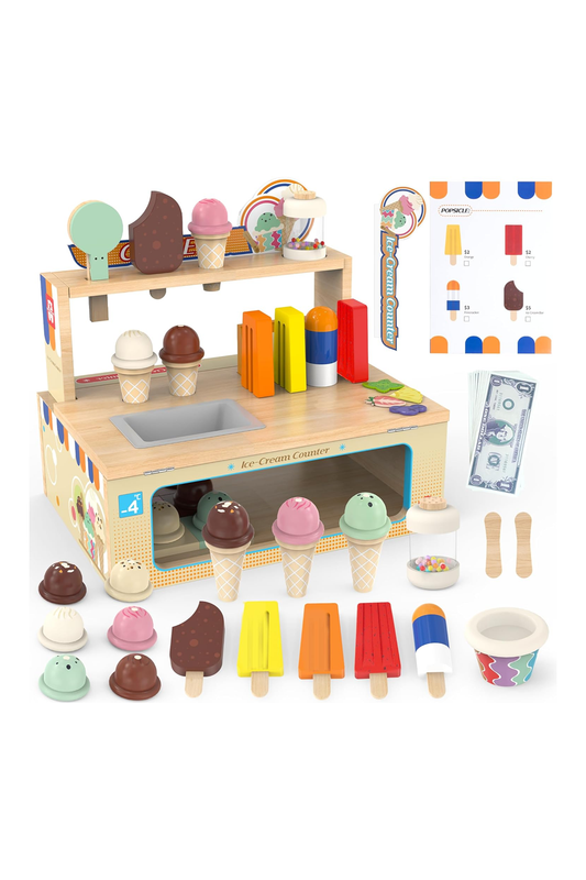 Foldable Wooden Ice Cream Toy Set Pretend Play Food Store for Toddlers