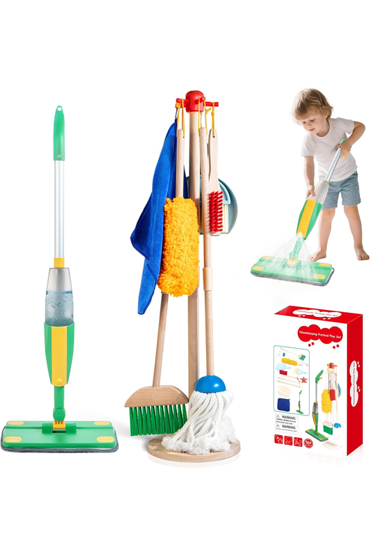 Wooden Kids Cleaning Set with Spray Mop, Montessori Cleaning Toys Real Water Sprayer and Toddler Broom Mop Set