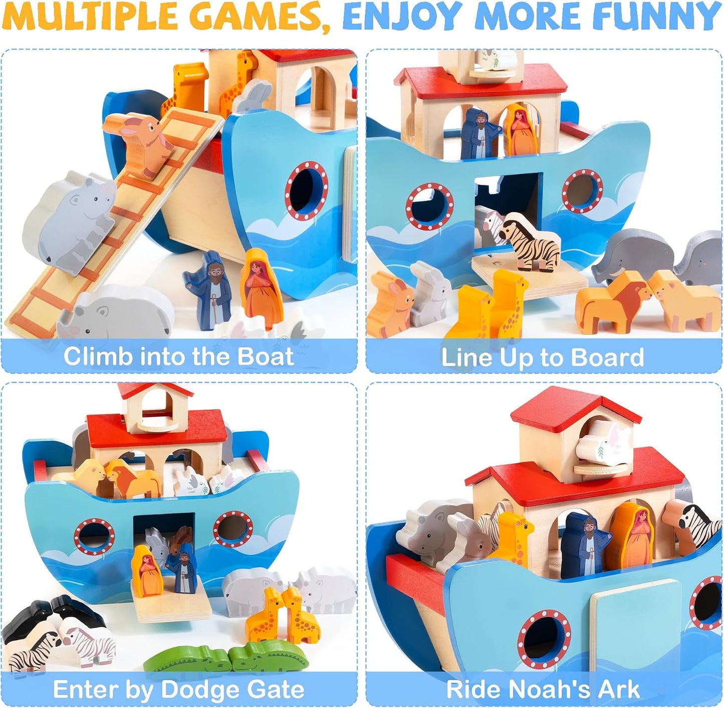 Wooden Noah's Ark Toy Baptism Gift for 1 Year Old Baby Boys and Girls