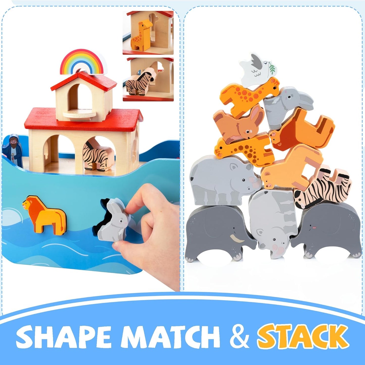 Wooden Noah's Ark Toy Baptism Gift for 1 Year Old Baby Boys and Girls