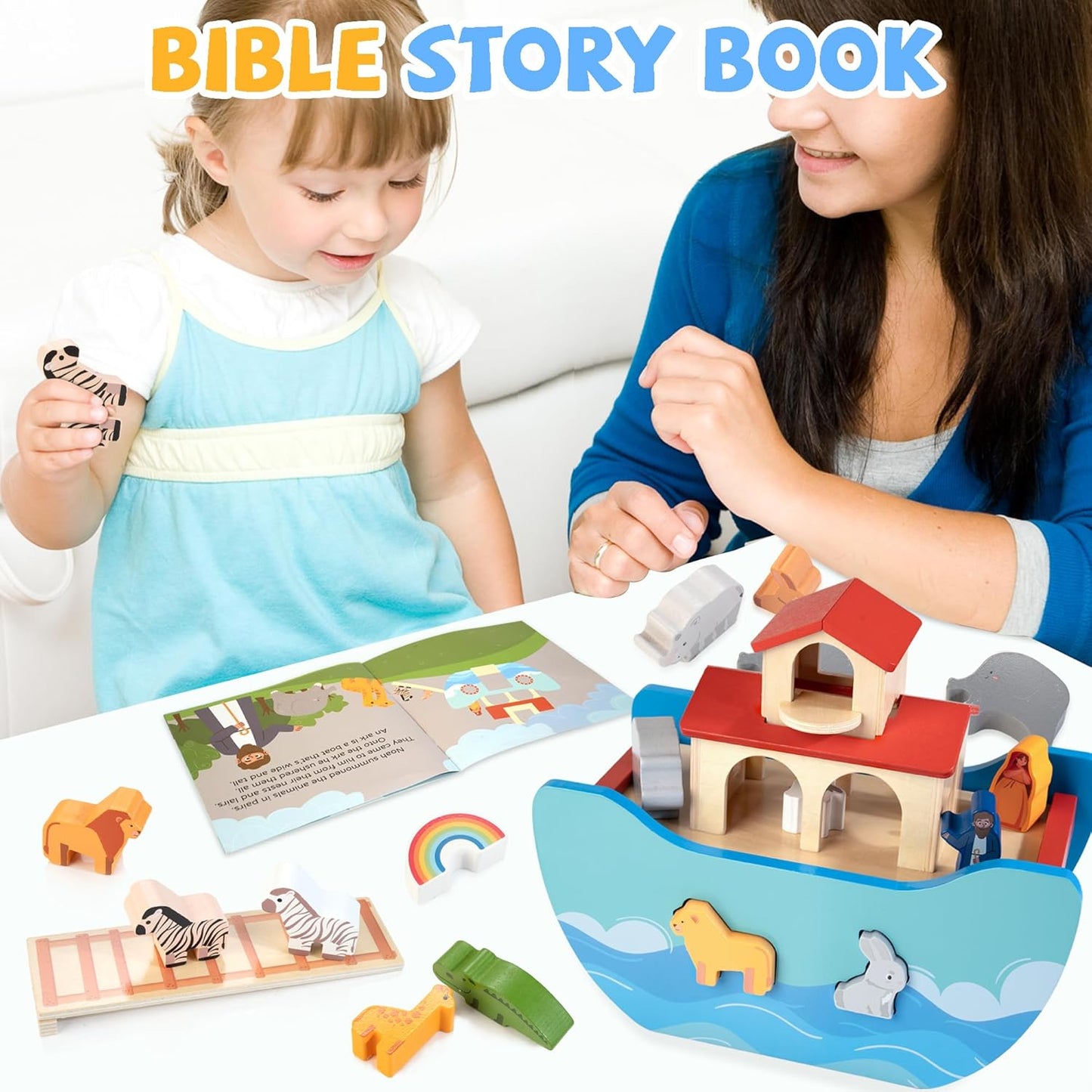 Wooden Noah's Ark Toy Baptism Gift for 1 Year Old Baby Boys and Girls