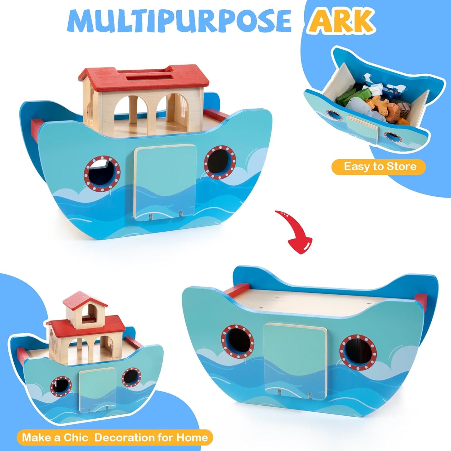 Wooden Noah's Ark Toy Baptism Gift for 1 Year Old Baby Boys and Girls