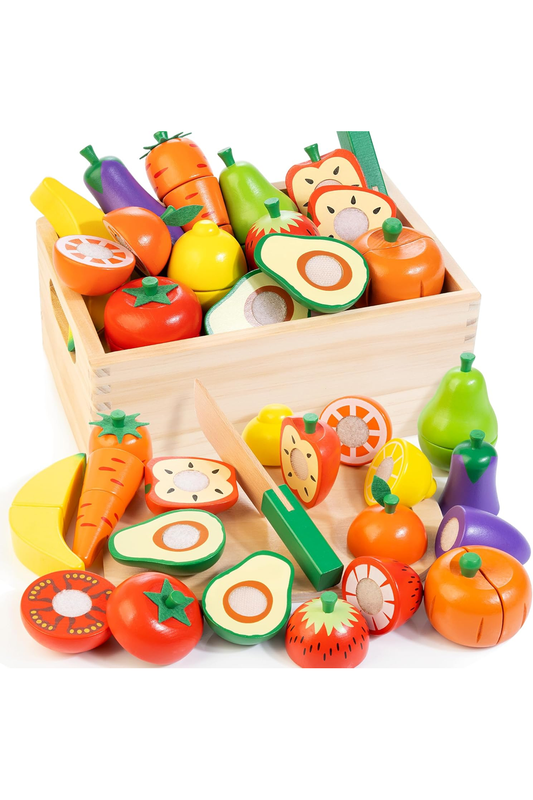 Wooden Play Food for Toddlers, Fruit and Veggies Cutting Set for Kids