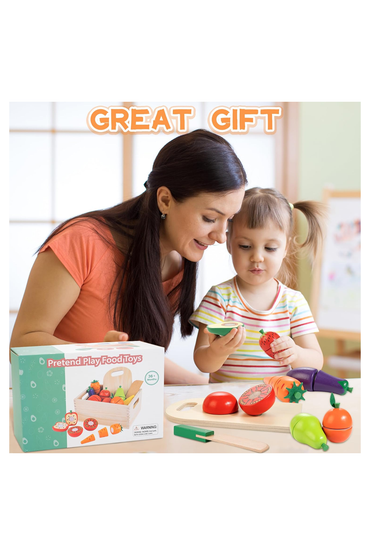 Wooden Play Food for Toddlers, Fruit and Veggies Cutting Set for Kids