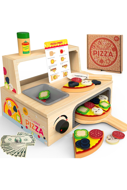 Wooden Pizza Toy - 48 PCS Montessori Pretend Play Food for Ages 3+