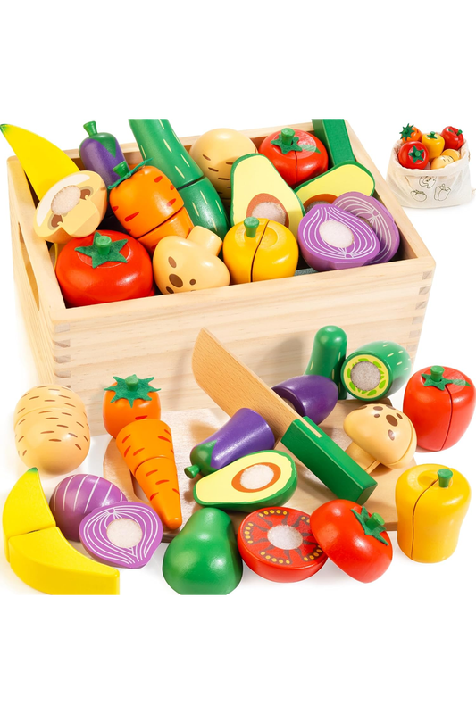 Wooden Play Food Set for Kids Kitchen | Cutting Veggies & Fruits Toy Food Set with Storage Case & Bag