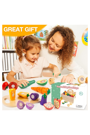Wooden Play Food Set for Kids Kitchen | Cutting Veggies & Fruits Toy Food Set with Storage Case & Bag