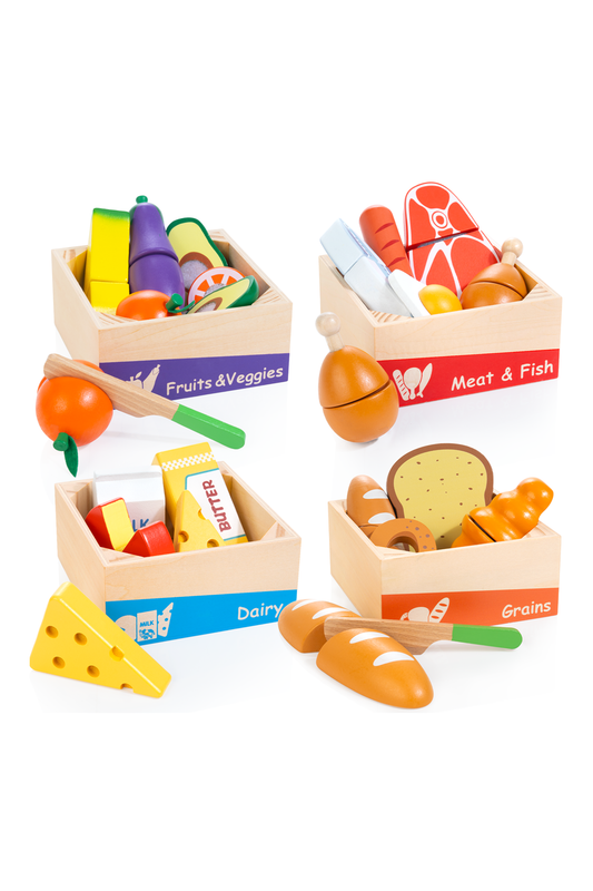Wooden Play Food Set for Toddlers - Montessori Pretend Play Kitchen Toys with Color Sorting Food Groups & Cutting Fruits Vegetables for Boys & Girls Ages 3 4 5 6