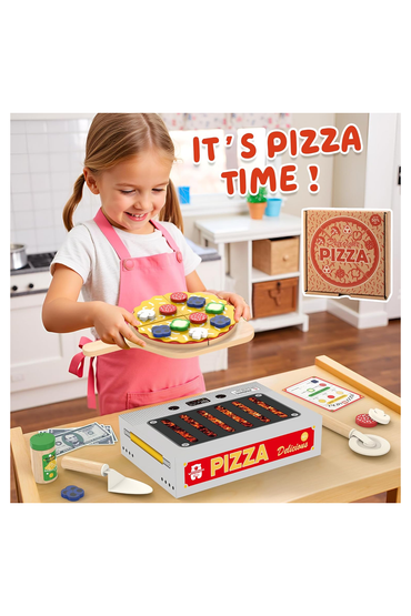 Pizza Toy Set, Montessori Realistic Play Food with Oven Box for Preschoolers Toddlers Age 3 4 5 6
