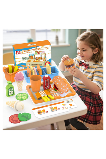 Foldable Wooden Play Food Sets Sandwich Counter with Storage, 56 Pcs Pretend Play Kitchen Food Toy