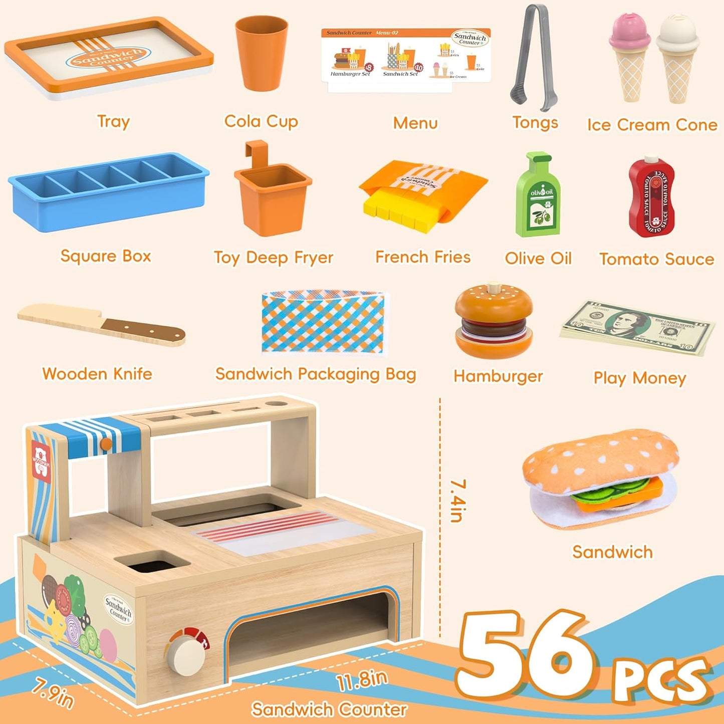 Foldable Wooden Play Food Sets Sandwich Counter with Storage, 56 Pcs Pretend Play Kitchen Food Toy