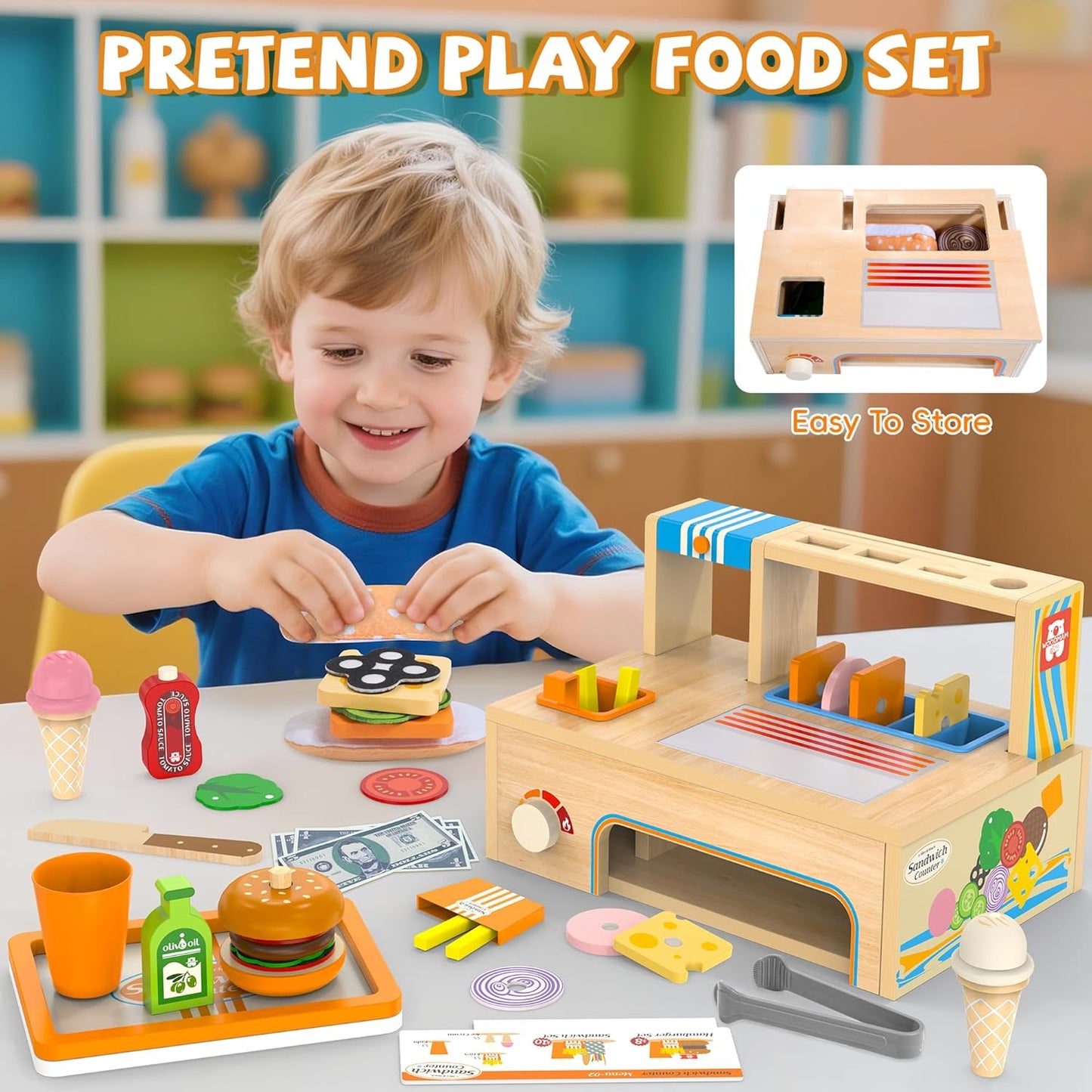 Foldable Wooden Play Food Sets Sandwich Counter with Storage, 56 Pcs Pretend Play Kitchen Food Toy