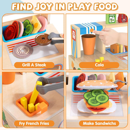 Foldable Wooden Play Food Sets Sandwich Counter with Storage, 56 Pcs Pretend Play Kitchen Food Toy